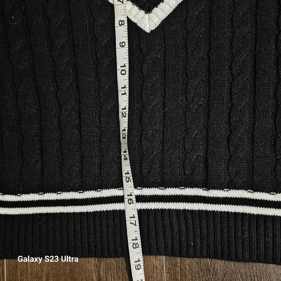 ELODIE Varsity Cable Knit V- neck Sweater In Black White - Picture 5 of 9